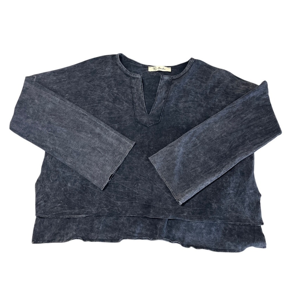 Lyn Burches Acid Wash Boho Top Split Neck Small Blue Waffle Knit Pullover